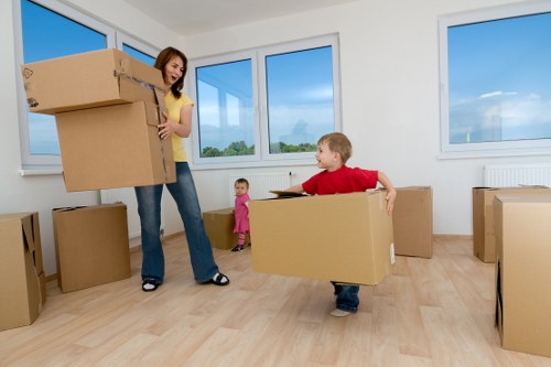 Boxes and wrapped furniture prepared for a flat relocation in Islington