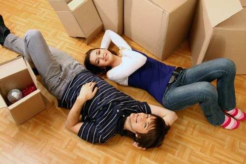 Office furniture and crates prepared for a commercial move