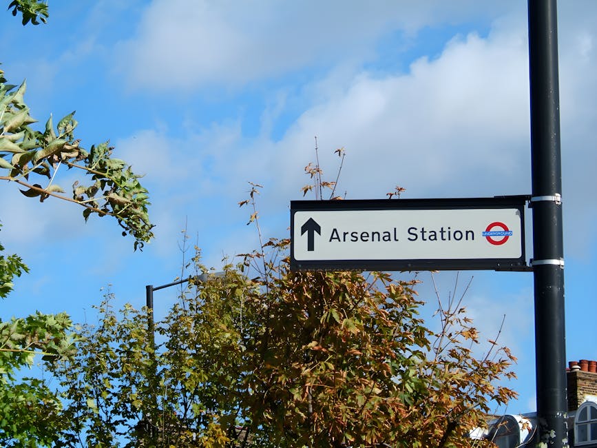 A rectangular black and white street sign mounted on a black pole, indicating directions to Arsenal Station with an upward arrow, situated above dense foliage including trees with green and reddish leaves. The sign features the London Underground roundel logo with the blue bar displaying 'Arsenal Station.' In the background, the sky is partly cloudy with patches of blue visible. The surrounding environment suggests an urban area in Islington, with rooftops and chimney stacks partly visible below the sign, supporting the context of house removals and access issues on narrow streets. The sign is positioned at a height, supported by additional brackets, and is surrounded by the natural elements and typical London street features that are relevant to relocation logistics and transportation planning by Islington Movers.