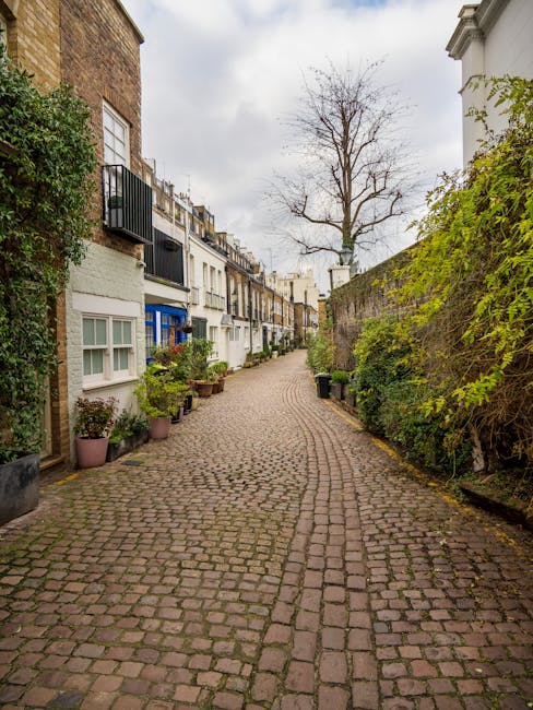 A narrow cobbled street in Islington with residential houses on both sides, featuring a mix of brick and painted facades, some with small front gardens containing potted plants. The street slopes gently upward, with a large, leafless tree visible in the background under an overcast sky. On the right side, a high stone wall is partially covered with green foliage, while on the left side, a variety of potted plants sit beside windows. Street furniture such as black wheelie bins is positioned along the pavement. This scene exemplifies the tight urban environment that can present access issues during home relocation or furniture transport, highlighting the need for professional removals services like those provided by Islington Movers for tricky street layouts and narrow streets.